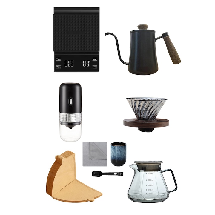 Set accesorii cafea EqiEch, 9 piese, rasnita electrica, ibric, cantar digital, negru