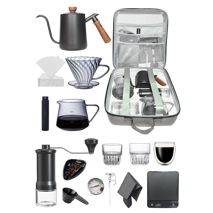 Set preparare cafea EqiEch, 14 piese, cu cantar electronic, rasnita manuala, cutie portabila