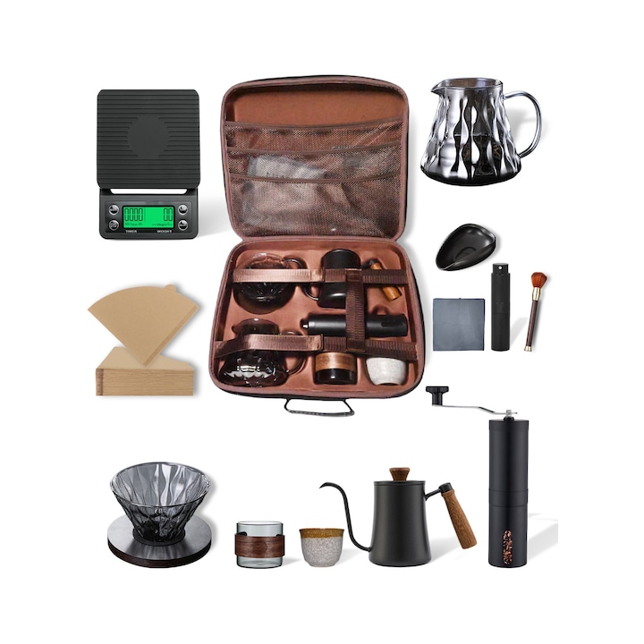 Set de preparare cafea, EqiEch, 12 piese, geanta din fibra de carbon, rasnita manuala, ibric 550ml, cantar electronic de precizie