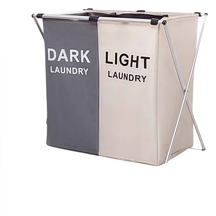 Cos de rufe, 2 compartimente, capacitate mare, pliabil, cadru din aluminiu, panza Oxford, impermeabil, cu maner de transport, gri si bej