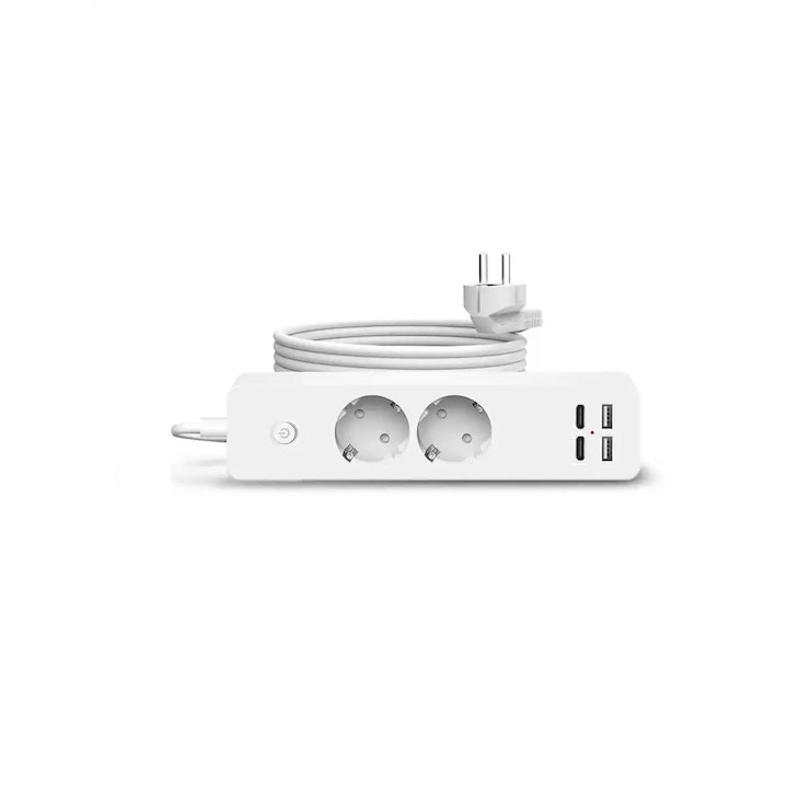 Удължител с 2 гнезда, 2 USB порта, 2 USB Type C порта, JORTAN, дължина на кабела 2 м, LED индикатор, огнеупорен материал, бял