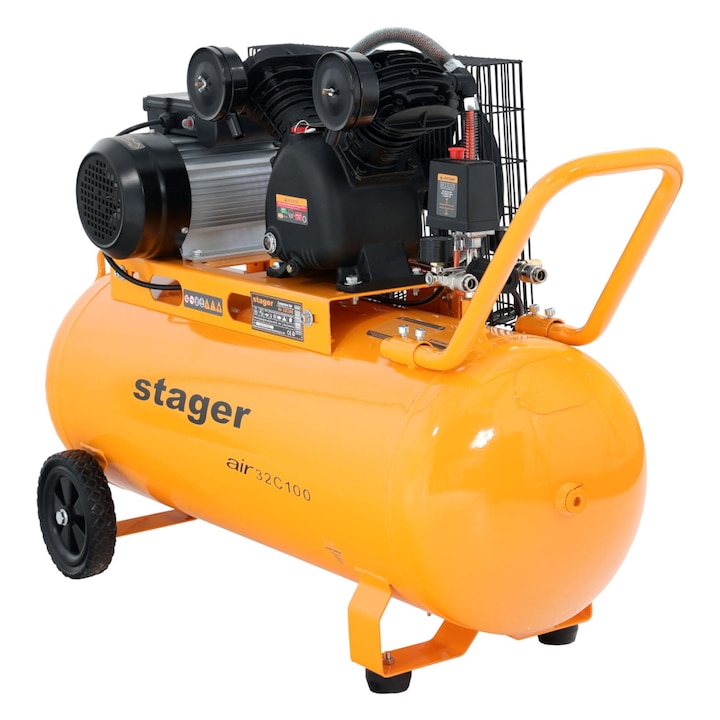 Compresor aer Stager Air 32C100, putere 2.2 kW, debit 324 l/min, presiune 10 bar, rezervor 100L, monofazat, angrenare curea