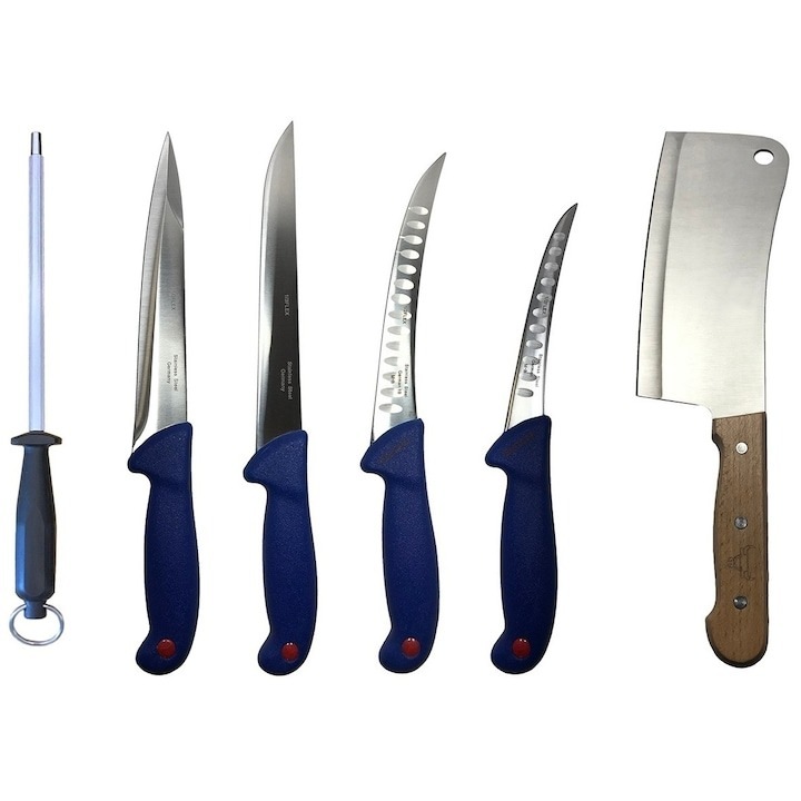 Set profesional de macelarie, dezosat, injunghiat, transat, filetat, satar, 4 cutite si masat pentru ascutit, Dactylion®