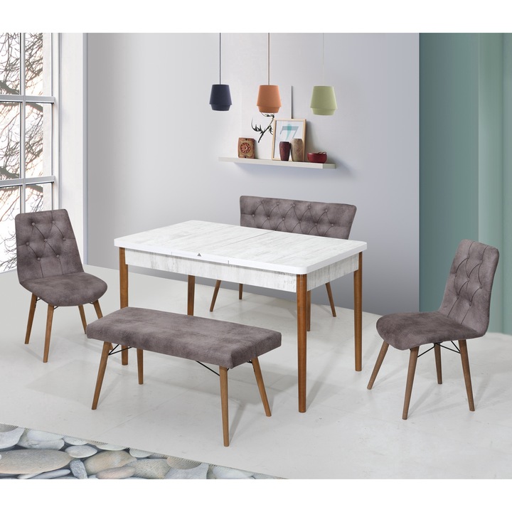 Banca set Gri, dining, fara masa, bucatarie, tapitate cu material textil, picioare lemn, 2 buc Banchete 2 buc Scaune - Desire Furniture