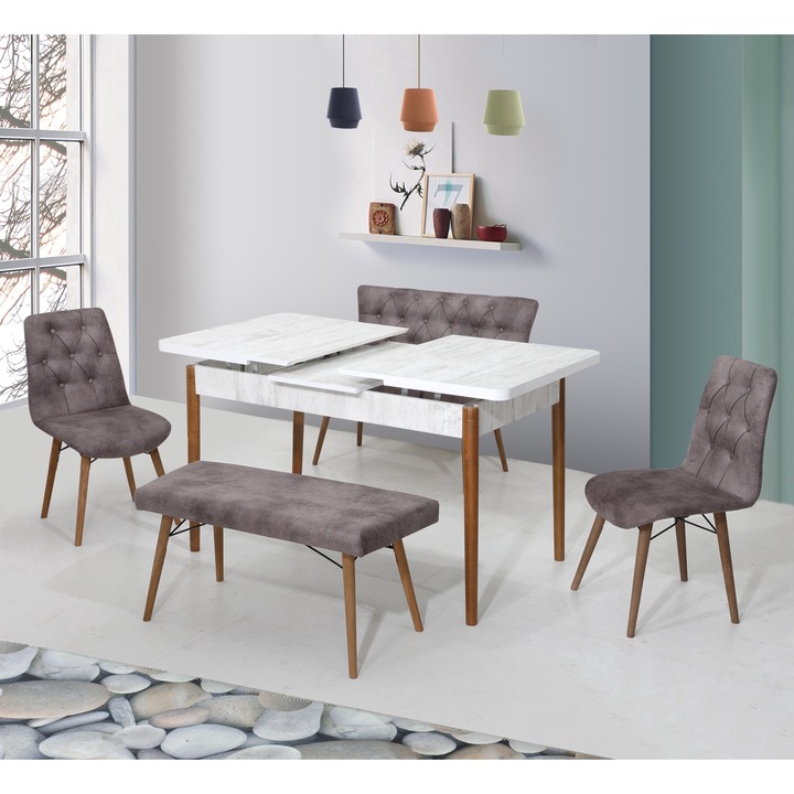 Set masa Extensibila Banca set Parfum Gri, dining, bucatarie, tapitate cu material textil, picioare lemn, 2 buc Banchete 2 buc Scaune, 80x170x80 cm masa - Desire Furniture