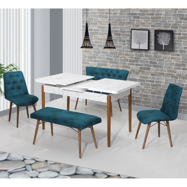 Set masa Extensibila Banca set Parfum Albastru, dining, bucatarie, tapitate cu material textil, picioare lemn, 2 buc Banchete 2 buc Scaune, 80x170x80 cm masa - Desire Furniture