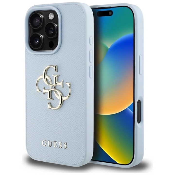 Husa telefon Guess Grained Big 4G Logo Small Classic Logo, albastru, pentru iPhone 16 Pro Max, material ecologic, hardcase