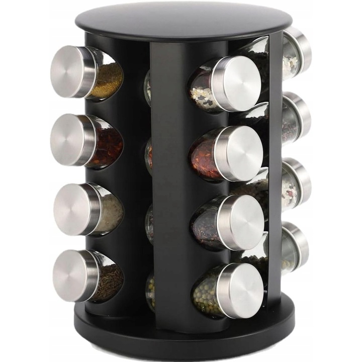 Suport rotativ pentru condimente, E-empire, Inox, Argintiu, 16 borcane de sticla de 90 g, 200 etichete, Dimensiuni 19, 7 cm x 19, 7 cm x 27, 5 cm