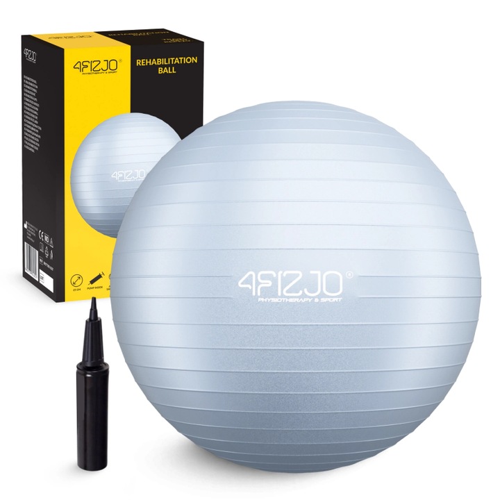 Minge de fitness, 65 cm, 4FIZJO, pentru gimnastica, yoga, aerobic, Pilates, pentru antrenarea spatelui, pompa regenerativa inclusa, material PVC, sistem anti-burst, greutate maxima 150 kg, Gri