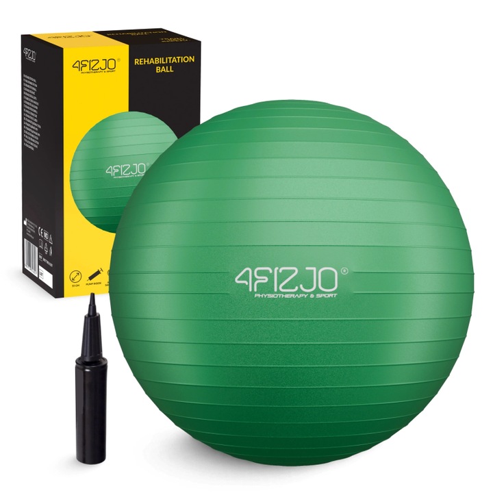 Minge gonflabila gimnastica, 55 cm, 4FIZJO, pentru antrenarea spatelui, pentru gimnastica, yoga, aerobic, Pilates, material PVC, pompa regenerativa inclusa, sistem anti-burst, greutate maxima 150 kg, Verde