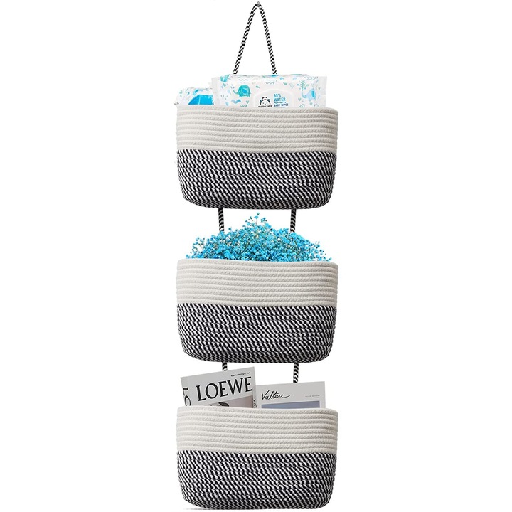 Set de 3 cosuri pentru usa, din bumbac, pentru depozitare, organizare, pentru camera copiilor, 32 x 18 x 10 cm, alb/albastru