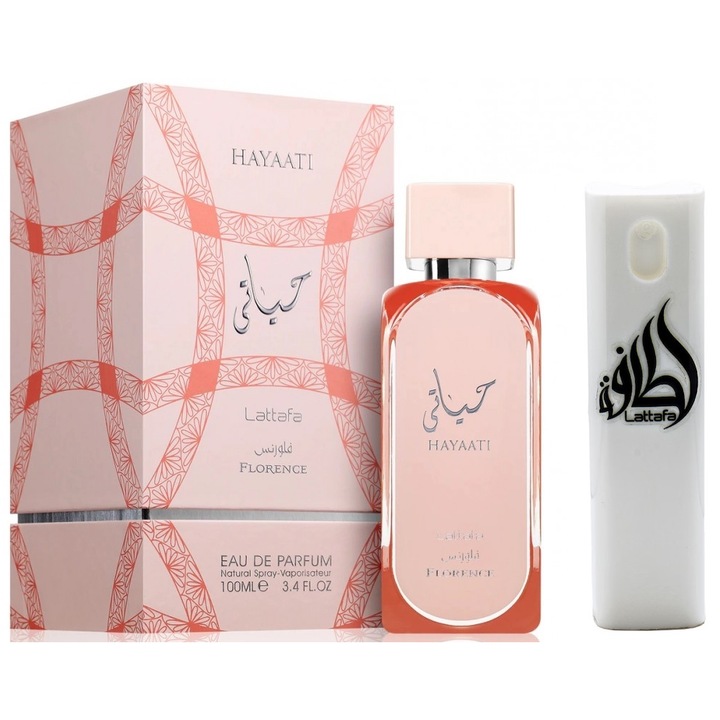 Set Apa de parfum, Lattafa Hayaati Florence de dama 100 ml cu Kit Travel Reincarcabil 10 ml