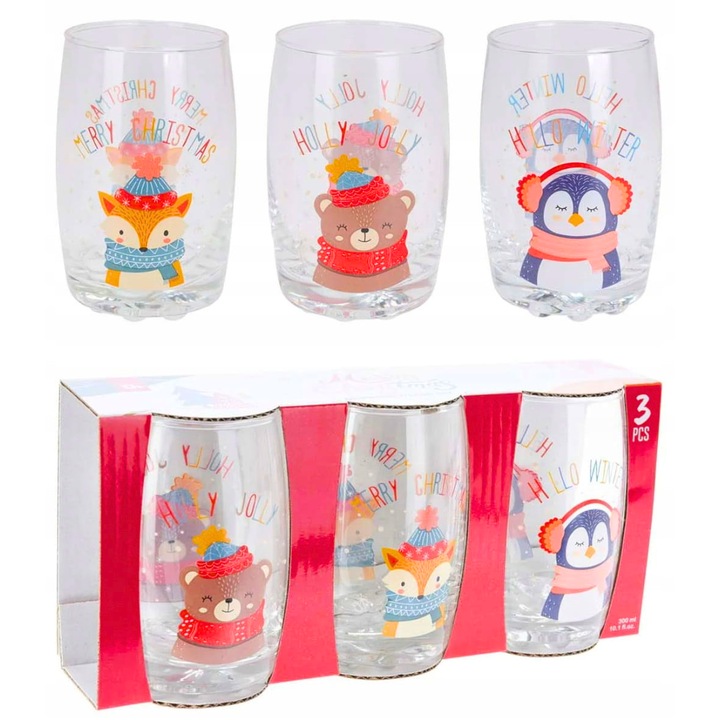 Set De 3 Pahare Cu Imprimeu Festiv, Openhome, Pentru Servirea Bauturilor Rec Si Calde, Un Cadou Ideal, 3x 300 Ml, Sticla, Transparent