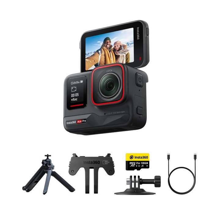 Спортна видеокамера Insta360 Ace Pro, пакет Creator, статив + 128gb карта, черна
