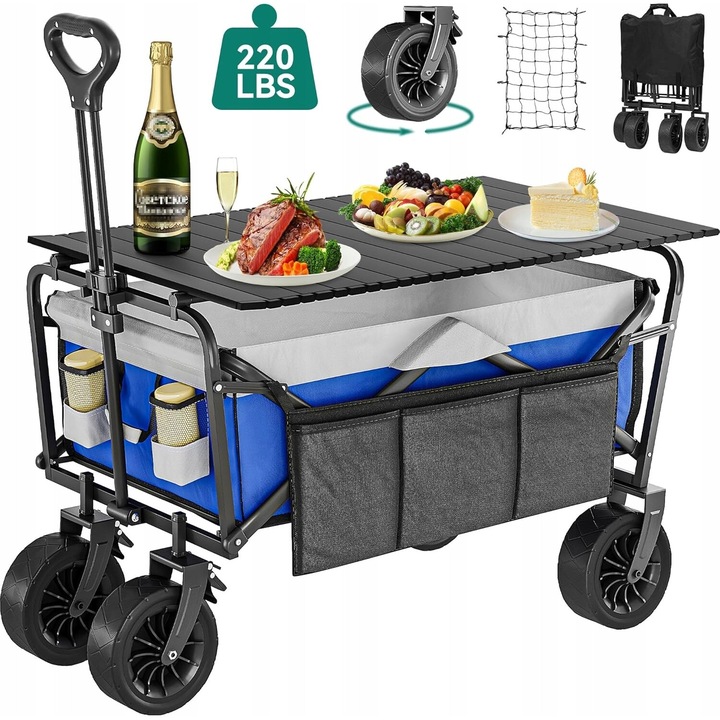 Сгъваема количка с маса, 2 поставки за напитки, голяма вместимост, регулируема височина, многоцветна