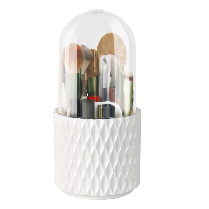Galeata de depozitare pentru instrumente de machiaj, design curbat al galetii, alba, cu capac transparent pentru praf