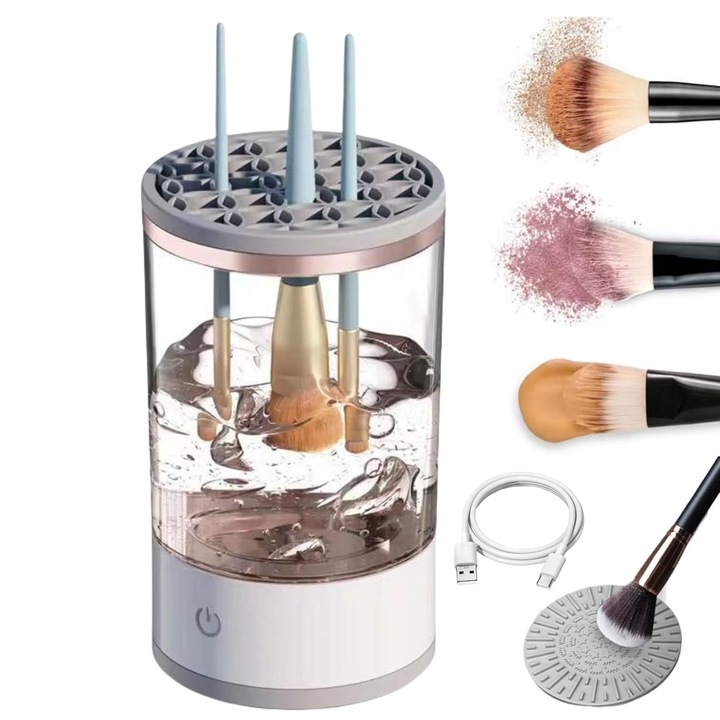 Curatator Electric Pentru Pensule de Machiaj, SINBINTA, Curatare ultrasonica, 7000 RPM, Uscare eficienta, Alimentare USB, Compact si portabil, Usor de curatat, Ideal pentru acasa sau salon, ABS, 9x16cm, Alb
