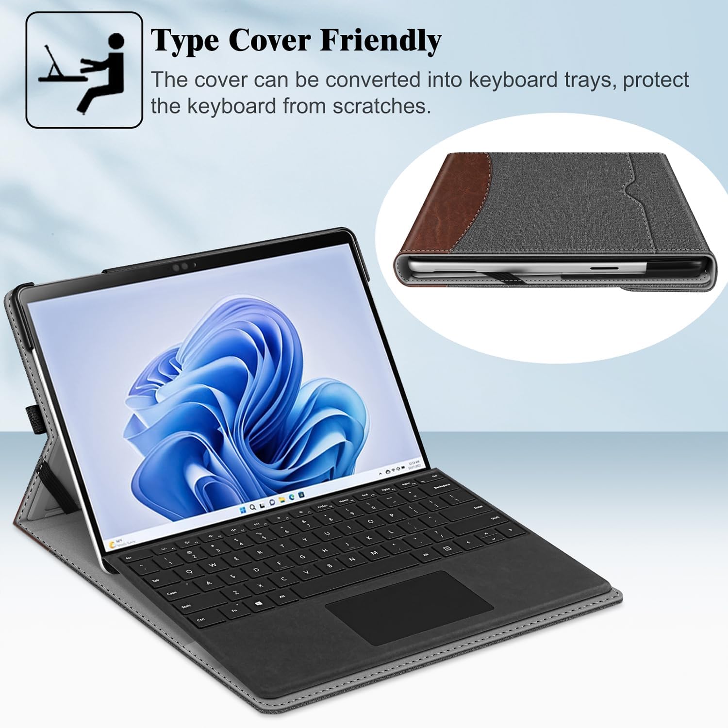 Husa Fintie pentru Microsoft Surface Pro 13 inch 11/10/9, cu suport pentru stilou si buzunar, compatibila cu tastatura Type Cover, gri/maro