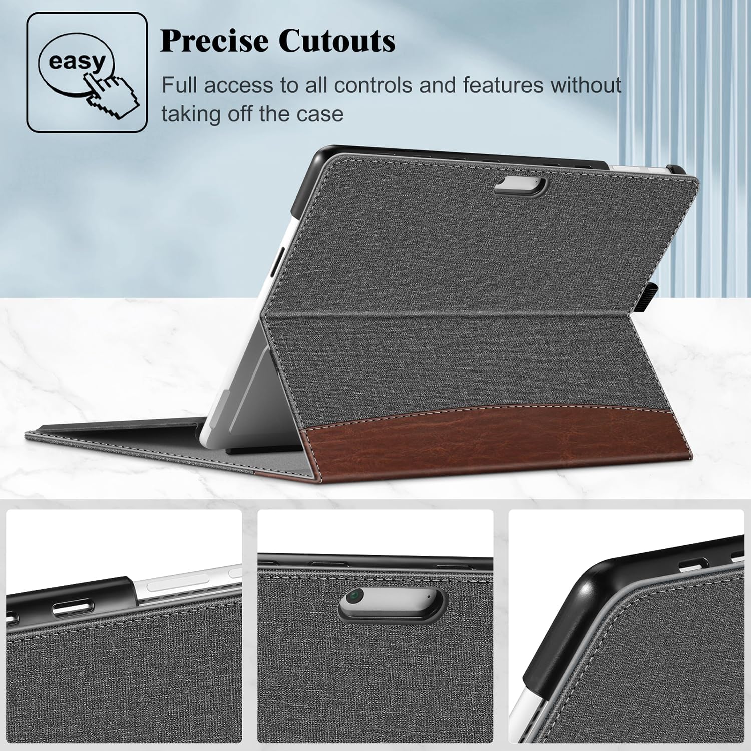 Husa Fintie pentru Microsoft Surface Pro 13 inch 11/10/9, cu suport pentru stilou si buzunar, compatibila cu tastatura Type Cover, gri/maro