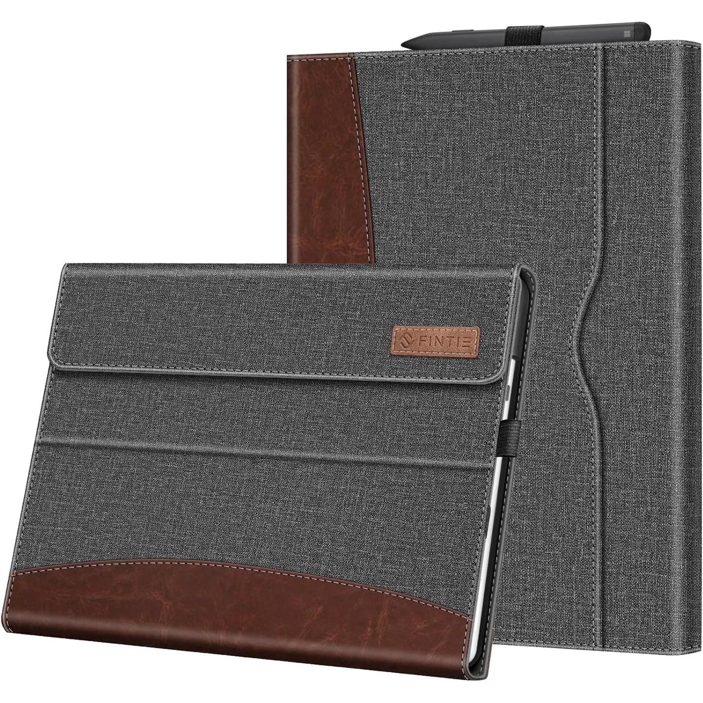 Husa Fintie pentru Microsoft Surface Pro 13 inch 11/10/9, cu suport pentru stilou si buzunar, compatibila cu tastatura Type Cover, gri/maro