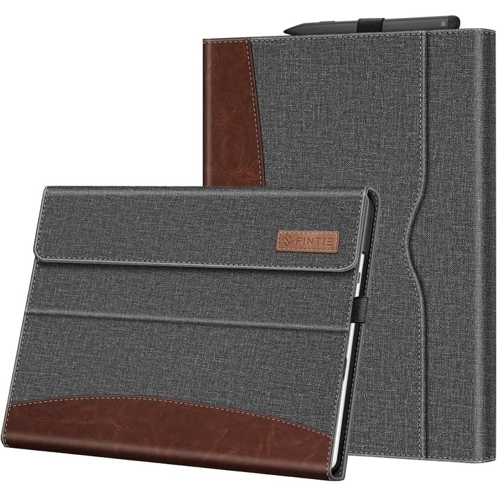 Husa Fintie pentru Microsoft Surface Pro 13 inch 11/10/9, cu suport pentru stilou si buzunar, compatibila cu tastatura Type Cover, gri/maro