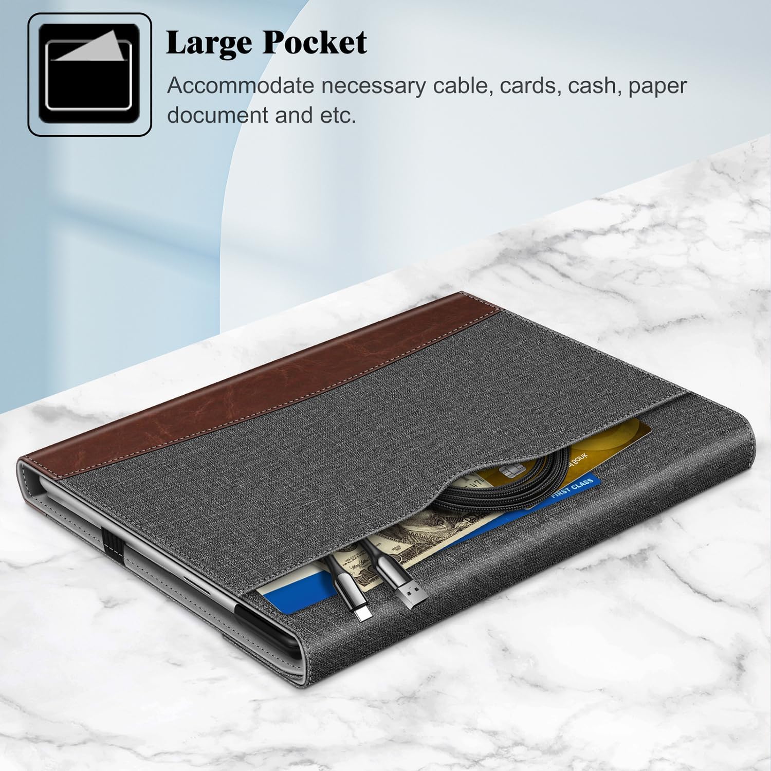 Husa Fintie pentru Microsoft Surface Pro 13 inch 11/10/9, cu suport pentru stilou si buzunar, compatibila cu tastatura Type Cover, gri/maro