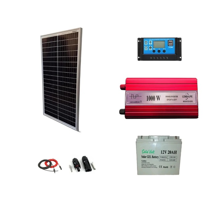 Kit solar pescuit sistem fotovoltaic OFF-GRID, 1 x panou solar 50W, controller, acumulator gel 20 Ah, invertor 1000W, vanatoare, camping, drumetie, outdoor, natura