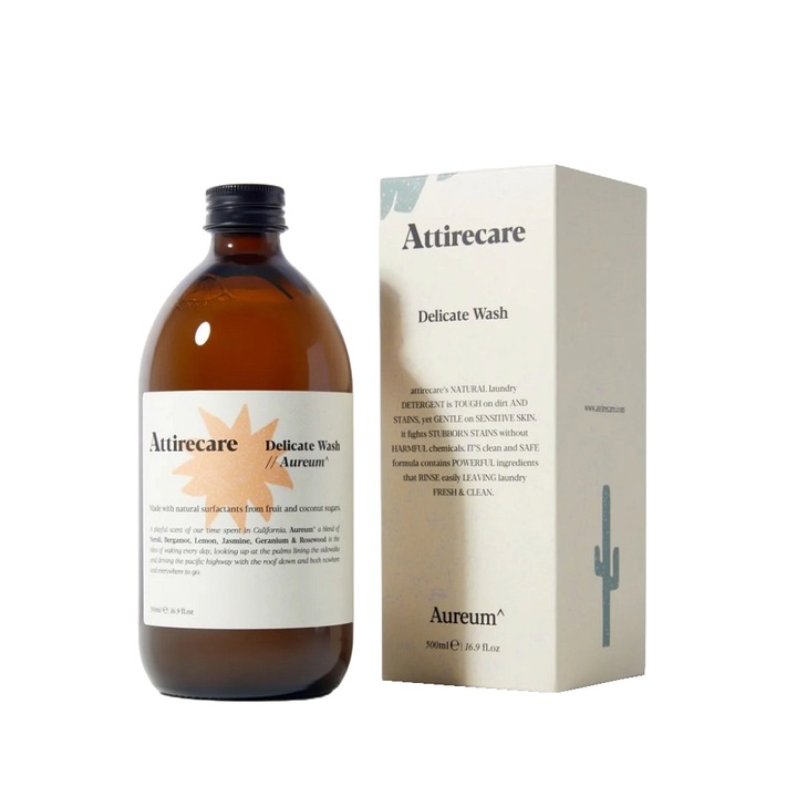 Attirecare univerzális természetes mosószer, Delicate Wash Aureum, hatékonyan eltávolítja a foltokat, neroli, bergamott, citrom és jázmin illata, bőrbarát formula, biológiailag lebomló, nem irritáló, kíméletes a ruhához, kézi/automata mosás, 500 ml