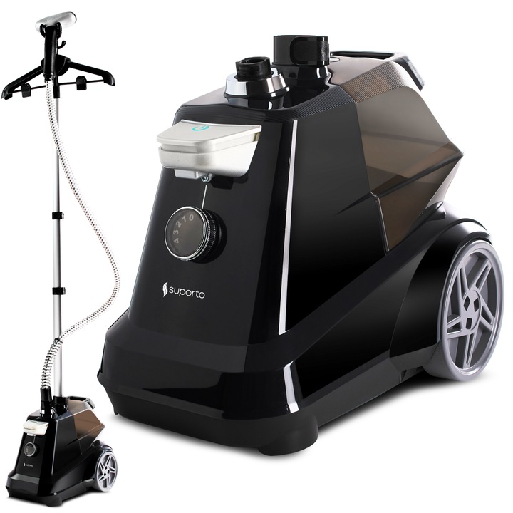 Вертикална машина за гладене с пара Suporto за гладки, стерилизирани дрехи без миризми и гънки, Професионален уред за пара модел R3 2200W, дебит 45g/min, 4 степени на мощност, 65 min работа, със закачалка, телескопична ютия, 3 L резервоар за вода