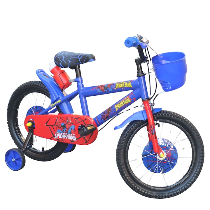 Bicicleta pentru copii cu roti ajutatoare, Spiderman, albastru 16"