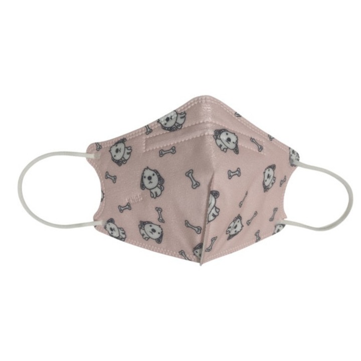 Gyermek FFP2 maszk, egyenként csomagolva, kiskutya rajzokkal, 5 rétegű, rózsaszín