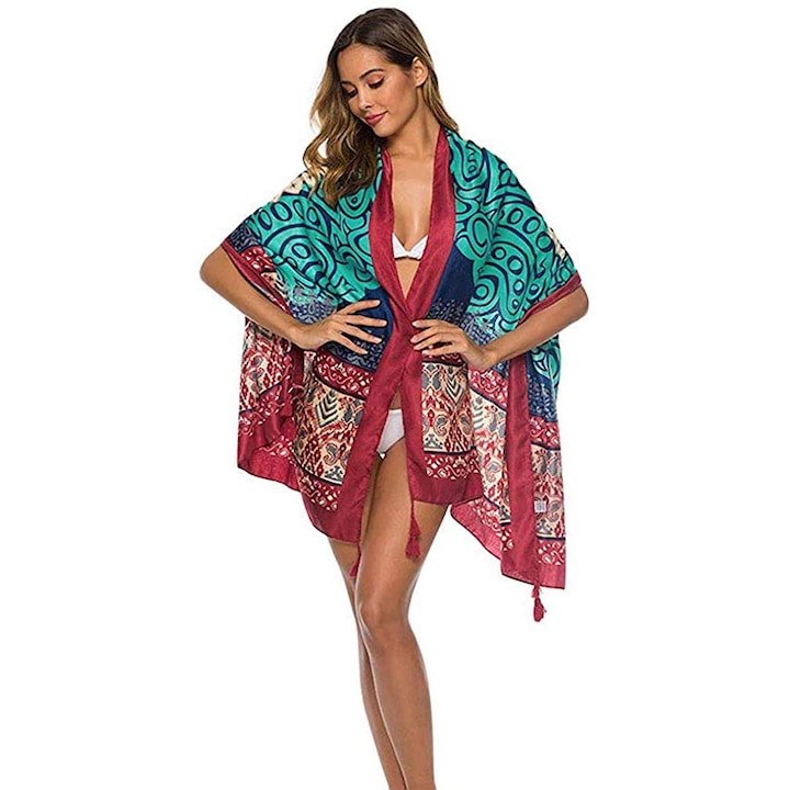 Esarfa dama tip sal, GOGOU®, Cu Ciucuri, Pareo pentru plaja, stil boem/tropical, 180 x 90cm, Multicolor
