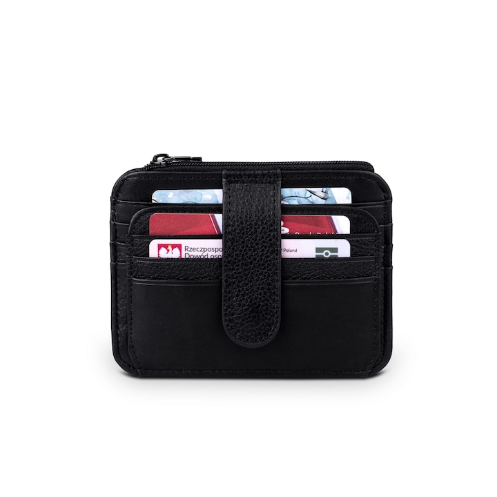 Suport documente Nicole, 11 compartimente, piele naturala, inchis cu capse, negru