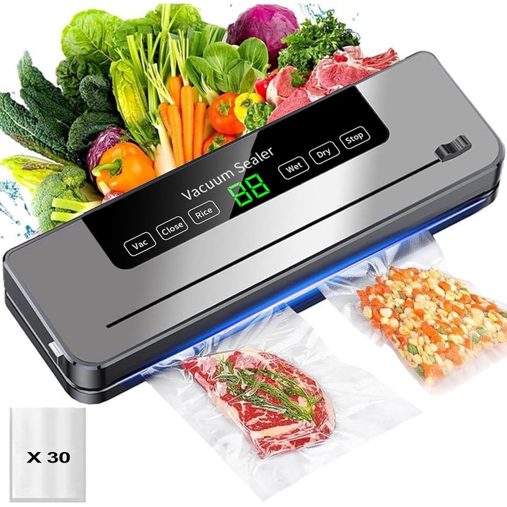 Aparat de vidat si sigilat alimente, CAMEANE™ 120W, 65kpa, 5 functii vidare umed/uscata/soft, panou de comanda tactil, 30 cm bara de lipire, Cutter Incorporat, cu 30 Pungi, Functie de Sigilare si Vidare Automata