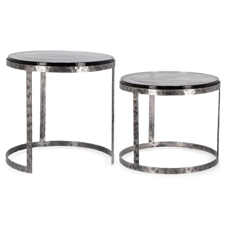 Комплект от 2 маси сребриста стомана черно стъкло Zayla 39x36 см, 46x45 см