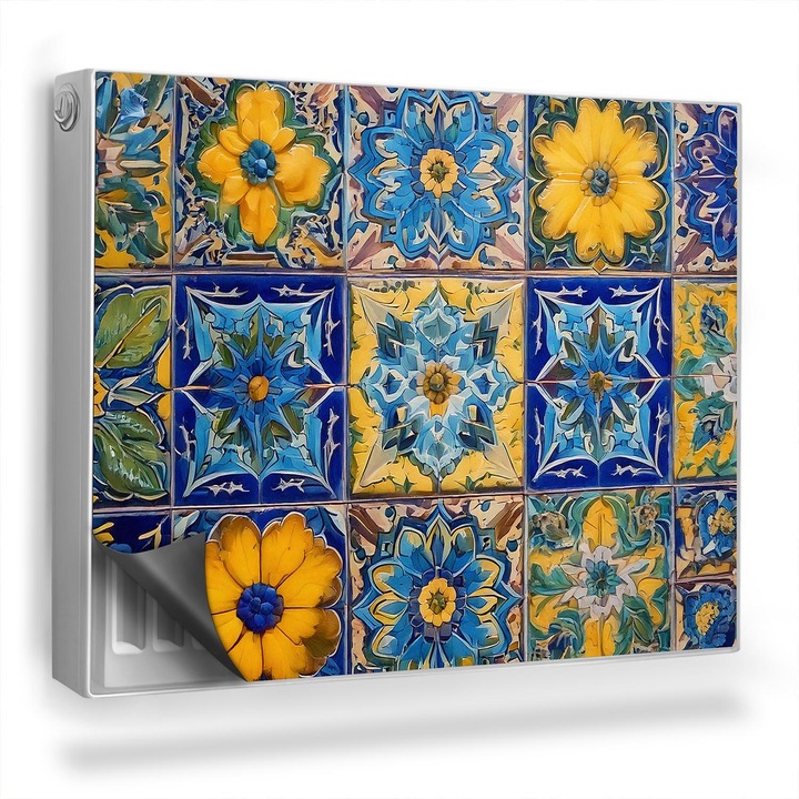Capac decorativ pentru calorifer, Wallfluent, Placi florale, intense, Albastru, 80 x 60 cm, 010220260030000282266