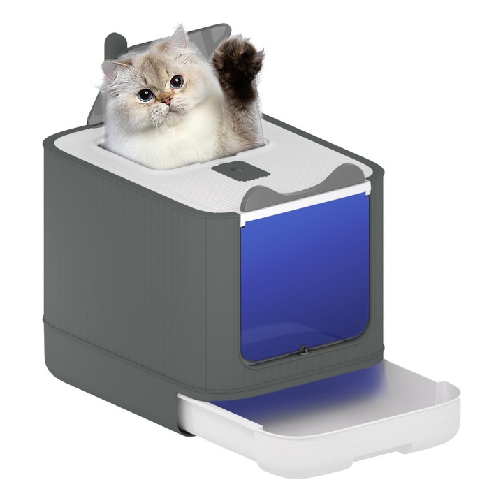 CAMEANE™ Котешка тоалетна с капак, функция за стерилизация с UV светлина, за котки до 15 кг, 44,5x34,5x36,5 см, тъмно сива