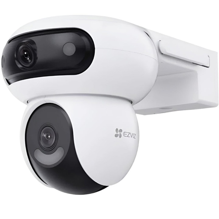 Ezviz H90 Двойна външна камера за наблюдение с двойно завъртане, 5+5MP, 3K, двойно осветл, акуст и оптична аларма, автомат проследяване, MicroSD карта до 512 GB и съхр в Ezviz CloudPlay, микрофон, разпознаване на формата на човек/превозно средство с AI