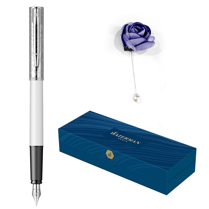 Set Waterman Stilou Allure Deluxe alb + pin trandafir din organza