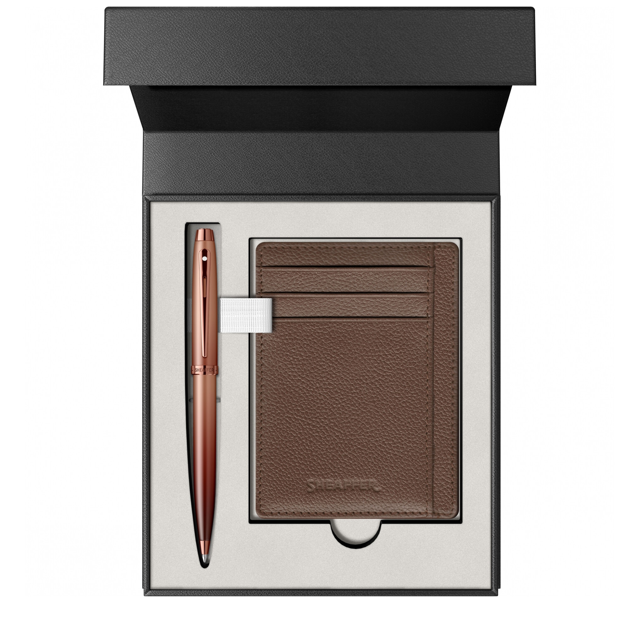 Set Pix Sheaffer 100 Matte Coffee in caseta cu holder piele maro
