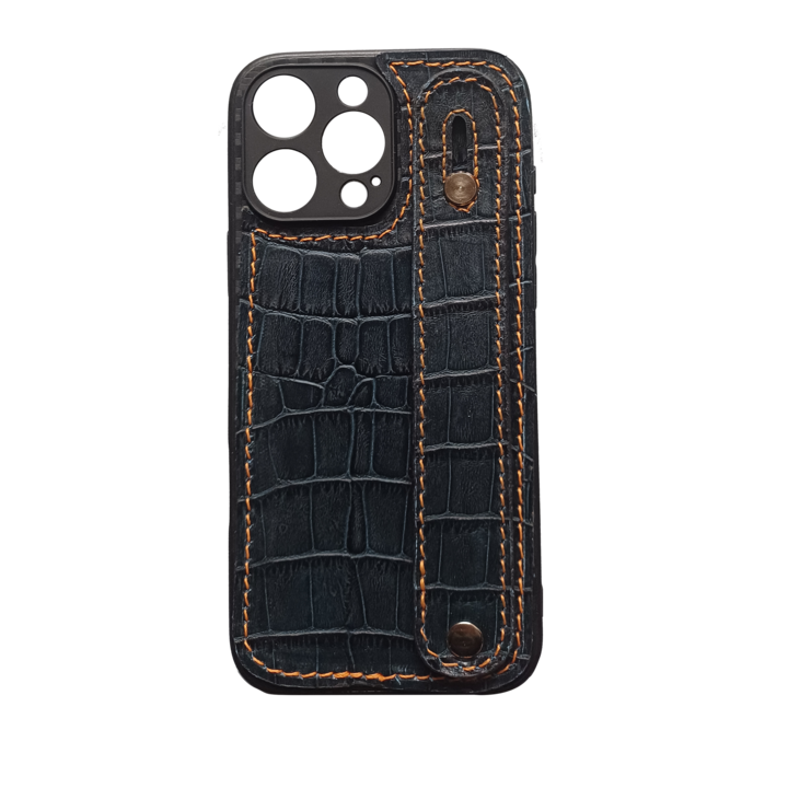 Husa Compatibila Iphone 16 Pro Max Anti Smulgere sau Cadere din Mana, Croco - Bleumarin din Silicon si Piele Naturala