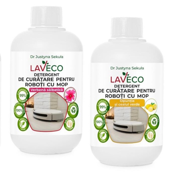 Препарат за прахосмукачка робот с универсален моп съвместим с всеки робот с моп-био (100% натурален)-2х0,5л-200 пранета-безопасен за деца и животни с аромат на зелен чай и върбинка и пипета за лесно дозиране