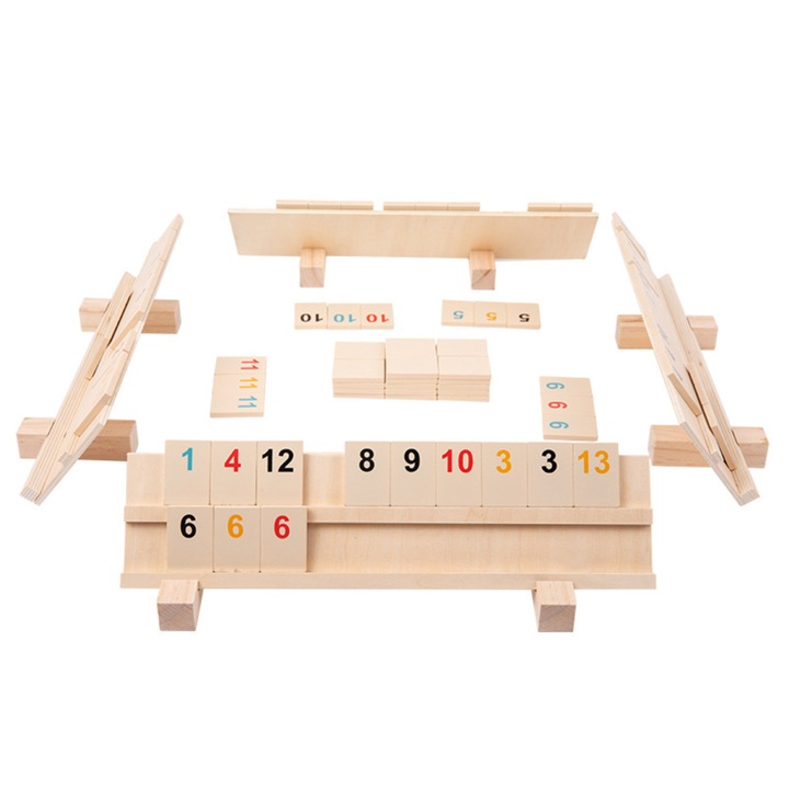 Teljes Rummy játékkészlet, Enforose, 106 fa darab, 4 fa tartó, 2-4 játékos számára, hordozható