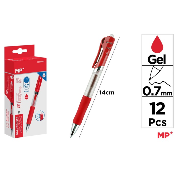 Pix retractabil cu gel rosu cu grip mina 0.7 mm PE257R-S