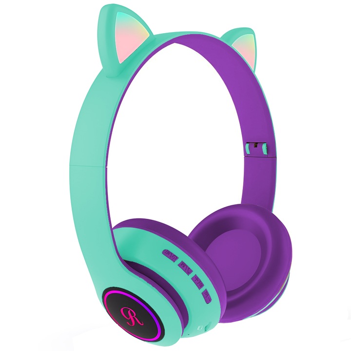 Casti Wireless Model Pisica Teno®, overear, urechi de pisica cu iluminare RGB, bluetooth 5.0, handsfree, HiFi, bass stereo, menta/mov