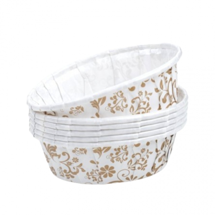 Set 6 forme briose, Unica folosinta, Rezistente la grasimi si varsari, Fara substante chimice nocive, fara miros, Usor de utilizat si de depozitat, Pentru coacerea brioselor, cupcakes, Hartie, 10x3, 5x6cm, Alb