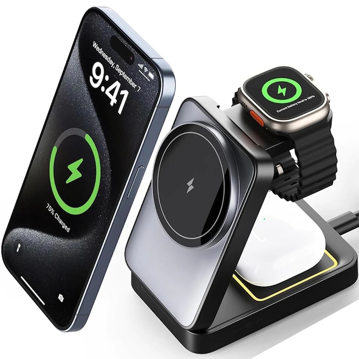 Безжично зарядно устройство Elindor® 3 в 1 с MagSafe, 15 W, сгъваемо, поддръжка за iPhone, Apple Watch и AirPods, преносимо, компактно и елегантен дизайн, сиво