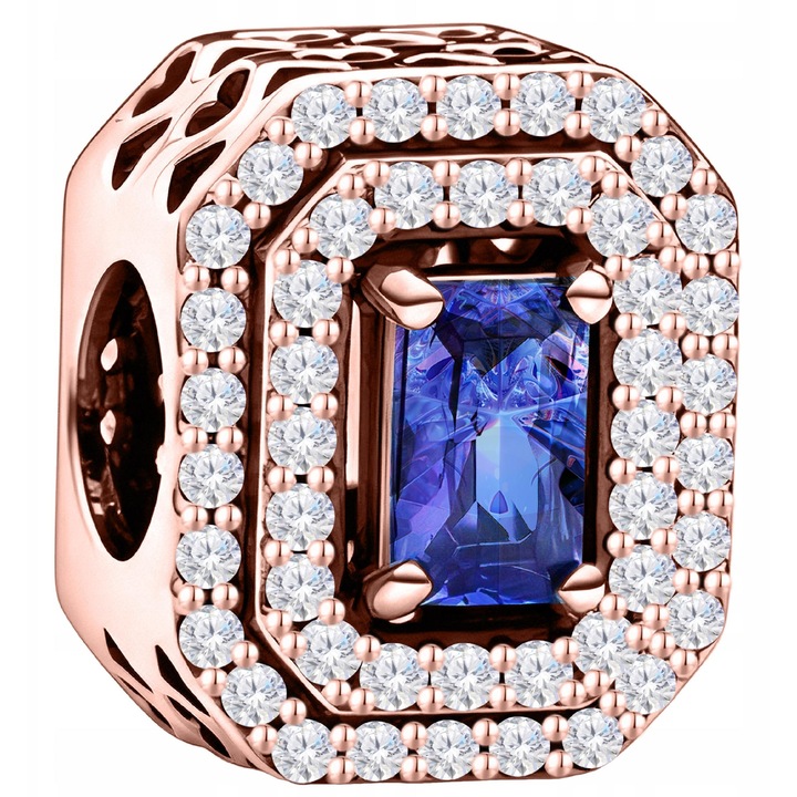 Talisman, Larezo, Charmuri, Cristal Albastru, Argint 925 Placat Cu Aur Roz De 18 Karate, Femei, Dimensiuni: 11, 5 mmx9 mm, Diametru Orificiului: 5 mm, Set Cu Cutie Cadou Si Certificat De Calitate, Auriu