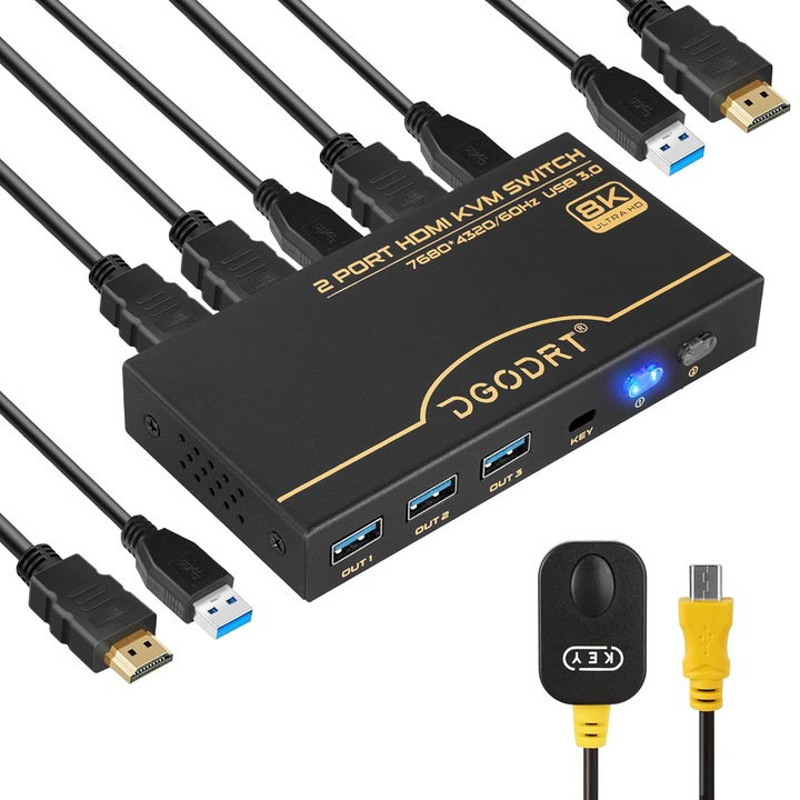 DGODRT HDMI 2.1 KVM kapcsoló 2 PC-hez, 8K 60Hz, USB 3.0 támogatás, 2 HDMI kábel, 2 USB 3.0 kábel mellékelve