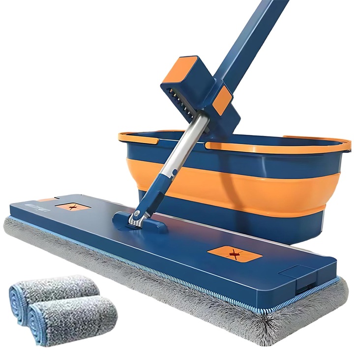 Mop mare, Enforose, rotativ 360°, cu maner lung din otel inoxidabil, multifunctional, albastru, set cu 2 lavete